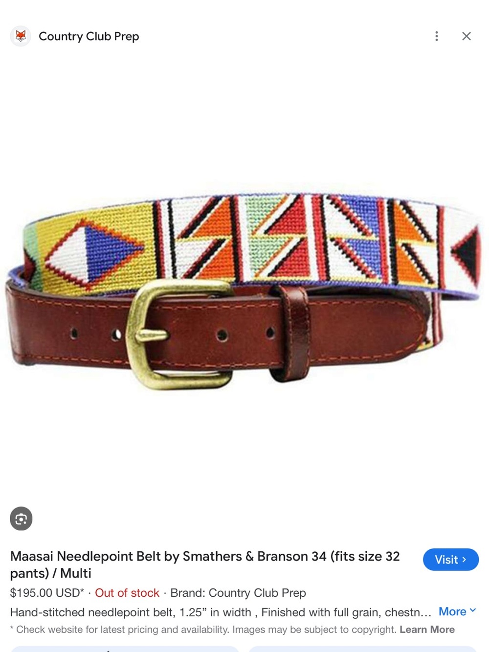 Smathers and Branson Maasai Needlepoint Belt